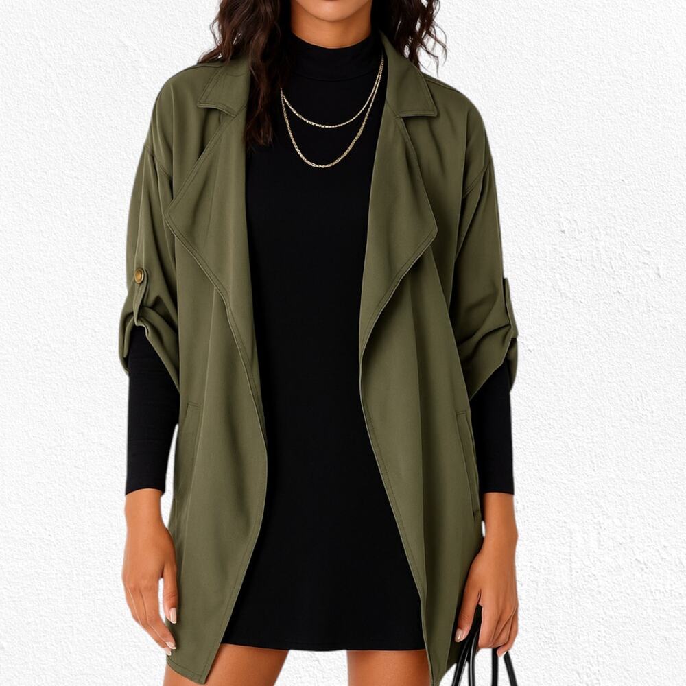 Lulus Lucky Break Olive Green Tencel Draped Open Front Utility Jacket Size XS